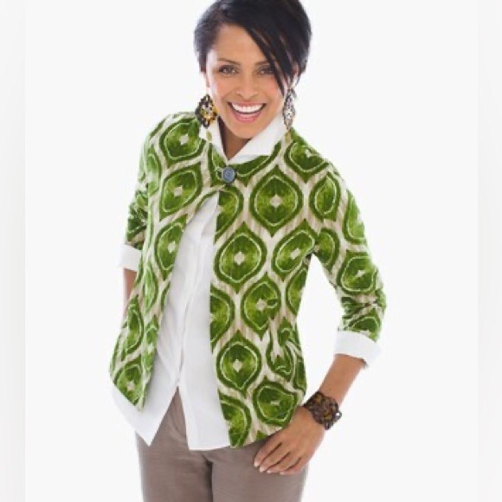 NWT Chico's Green Modern Ikat Printed Linen Blazer Button Front Pockets Size2/L